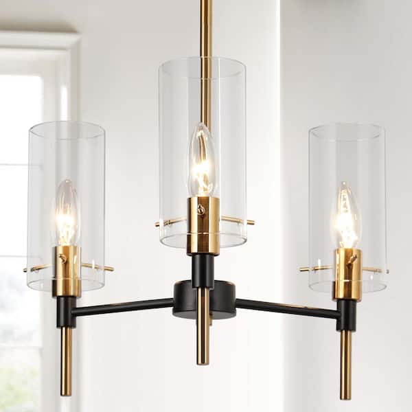 Zevni Modern 3-Light Black/Brass Chandelier Lighting, Mid-Century Pendant Light with Cylinder Clear Glass Shades for Kitchen