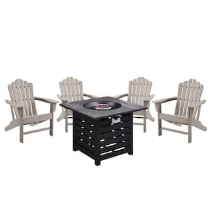 5-Piece Brown Recycled Plastic Patio Conversation Set Adirondack Chair with Gray Propane Firepit for Yard