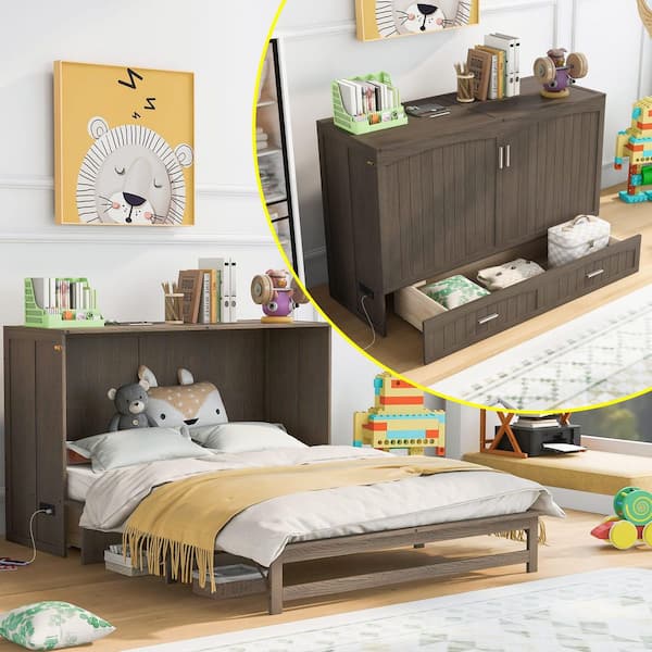 Shannon Antique Gray Wood Frame Queen Size Murphy Bed with Built-In Charging Station