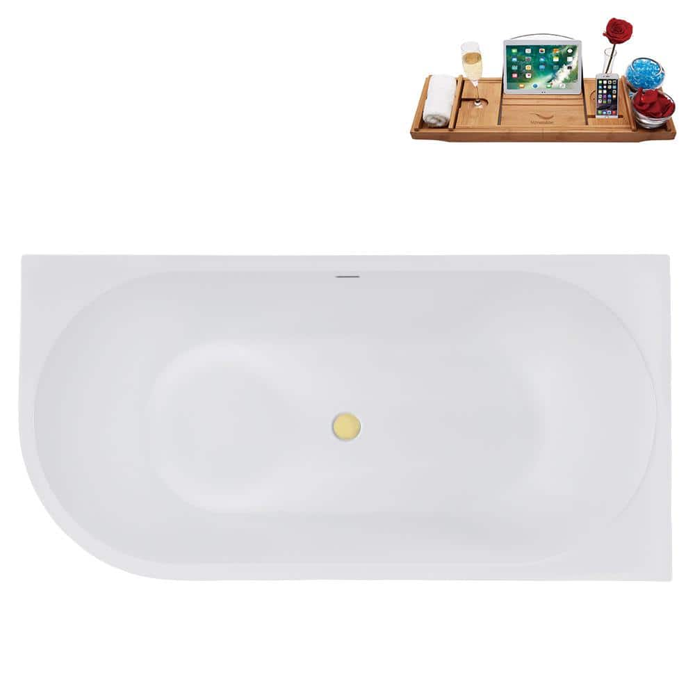67" Glossy White Acrylic Freestanding Soaking Tub with Bamboo Tray