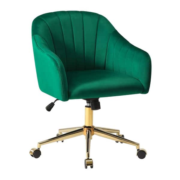 Farrah Velvet Upholstered Adjustable Height 360-Swivel Office Task Chair with Metallic Gold Base in Green