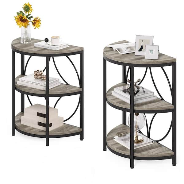 BYBLIGHT Kerlin 23.6 in. Gray Half Round Wood End Table Set of 2,3-Tier Side Table with Storage for Living Room, Bedroom