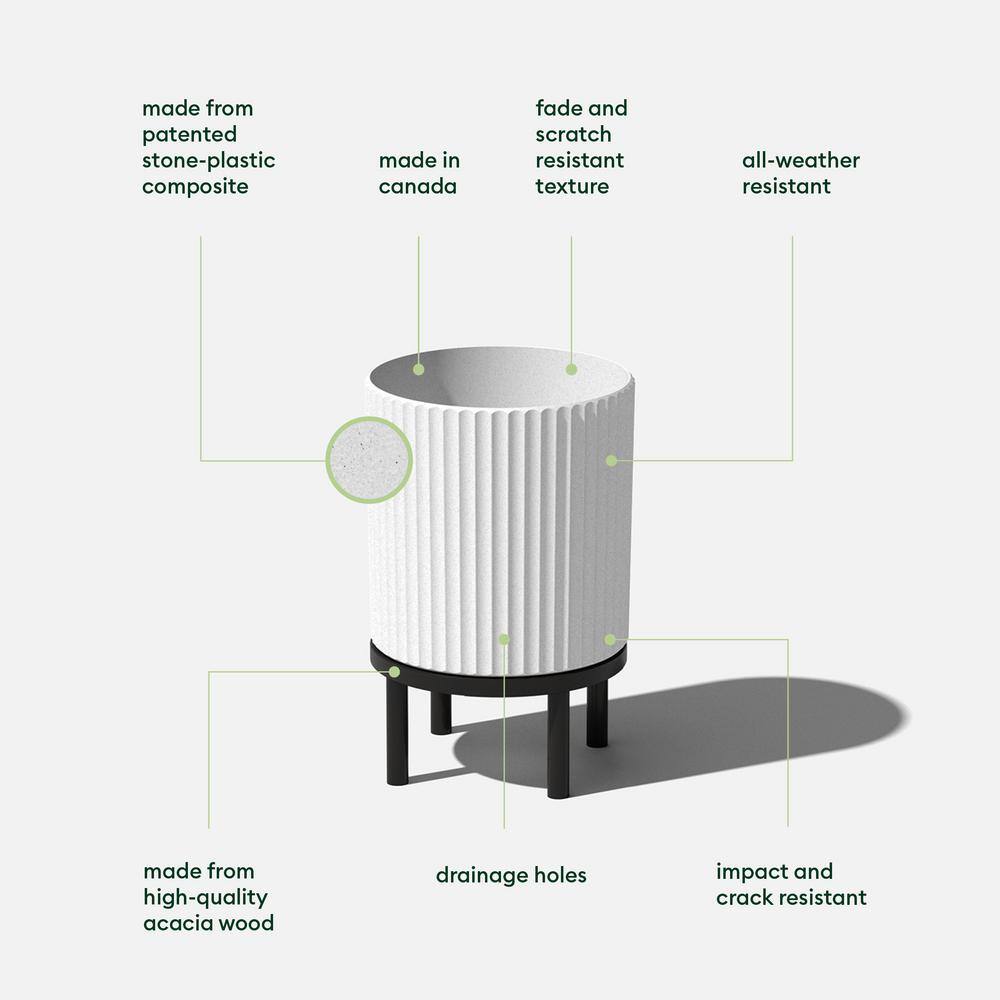 White and Black Fluted Planter with Acacia Wood Stand