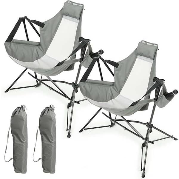 Tenleaf 2-Piece Gray Steel Portable Rocking Camping Outdoor Lounge Chair with Pillow Cup Holder, Adjustable Back, Carry Bag