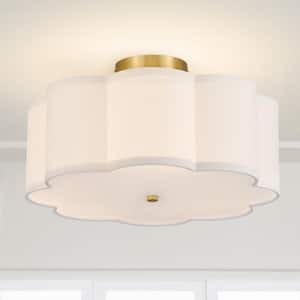 16 in. 3-Light Gold LED Semi-Flush Mount Ceiling Light Fixture with Petal Fabric Shade E26 Bases