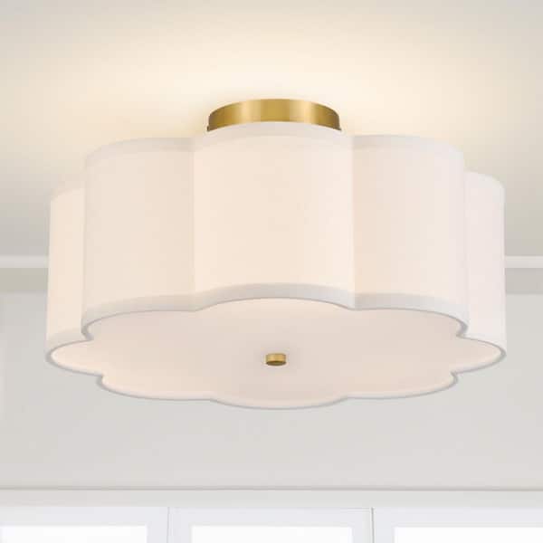 16 in. 3-Light Gold LED Semi-Flush Mount Ceiling Light Fixture with Petal Fabric Shade E26 Bases