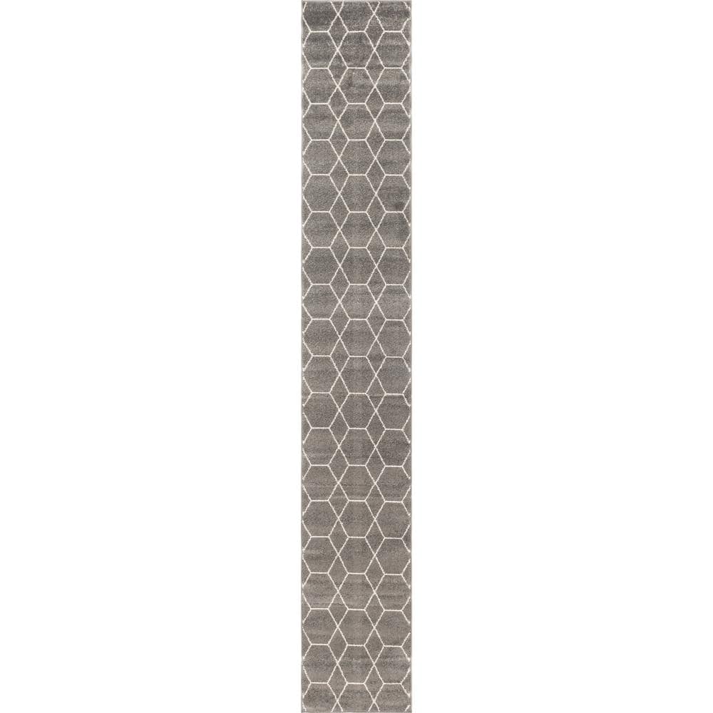 Dark Gray and Ivory Geometric Trellis Runner Rug