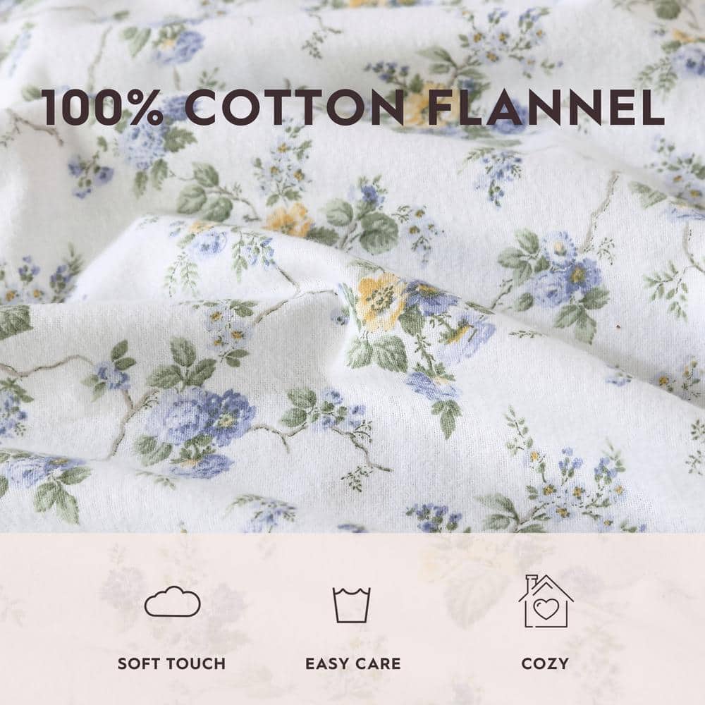 Queen Size Cottage Blue Floral Cotton Flannel Sheet Set