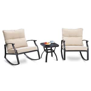 3-Piece Metal Outdoor Bistro Set with Beige Cushion Patio Rocking Chairs And Table