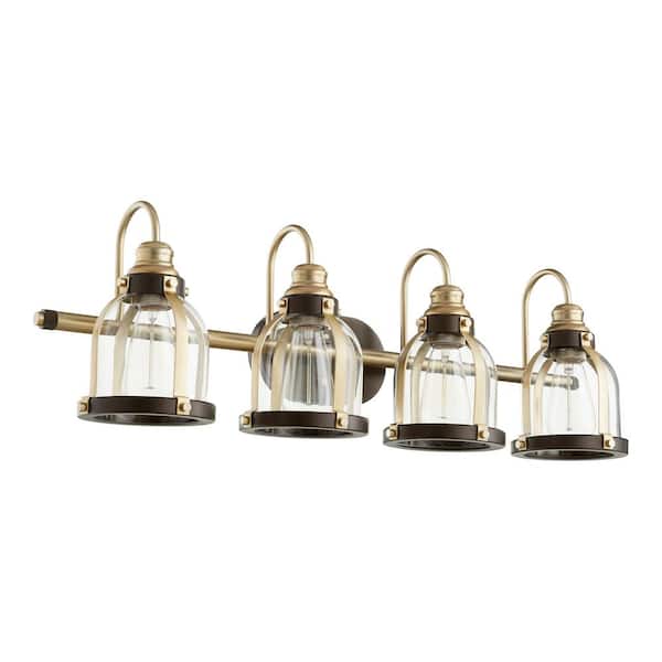Quorum INTERNATIONAL Transitional 32.5 in. W 4-Lights Aged Brass and Oiled Bronze Vanity Light with Clear Glass