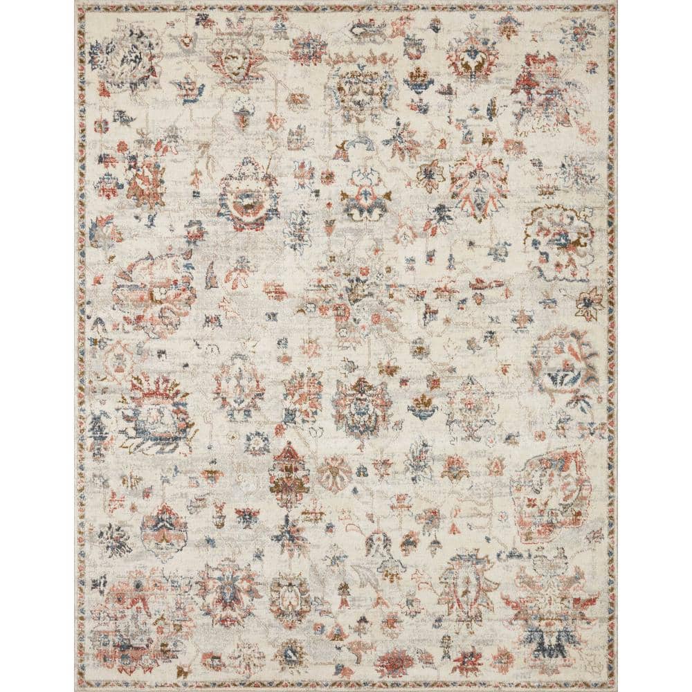 Ivory and Multicolor Round Synthetic Stain-Resistant Area Rug