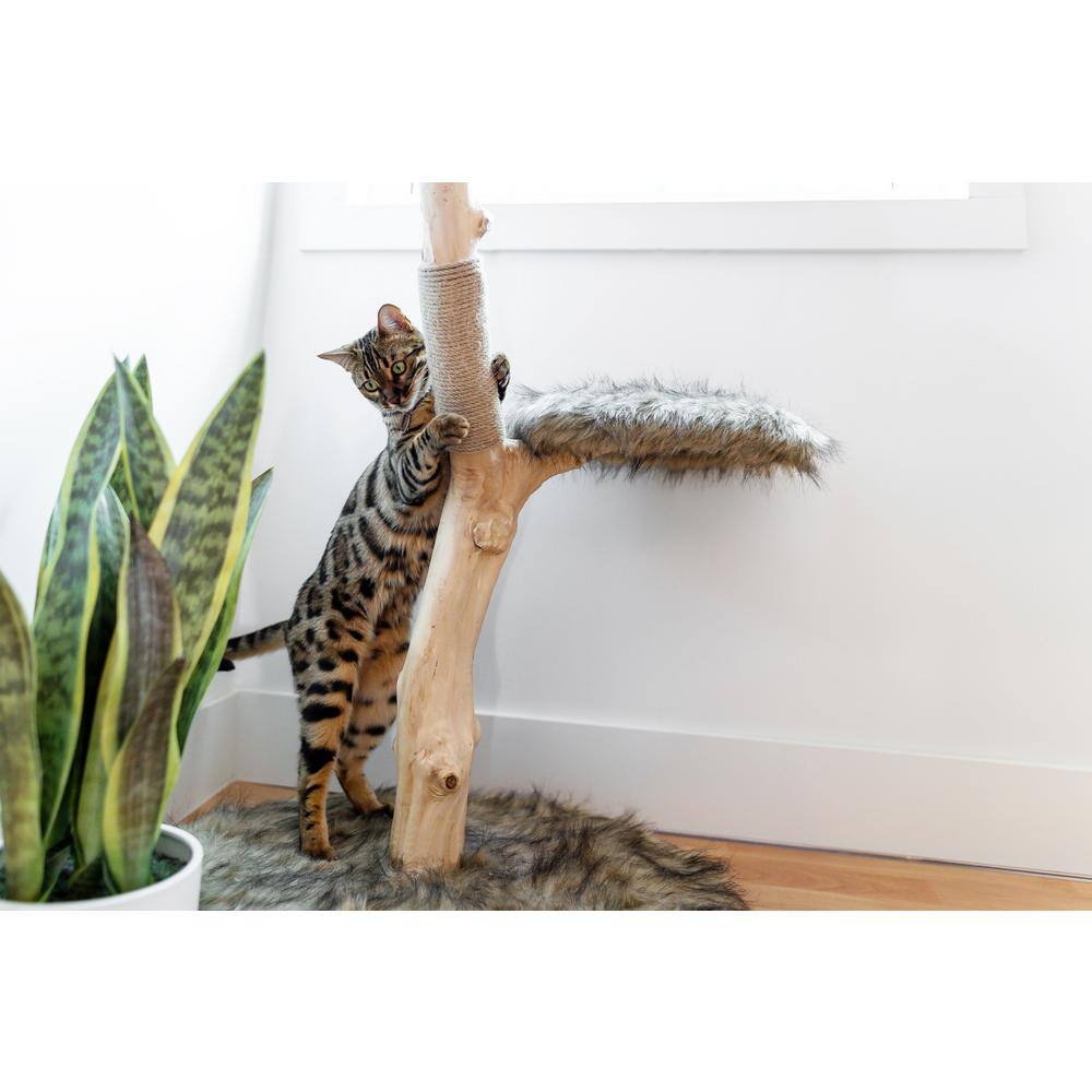 Modern Brown Faux Fur and Wicker Cat Tree Tower