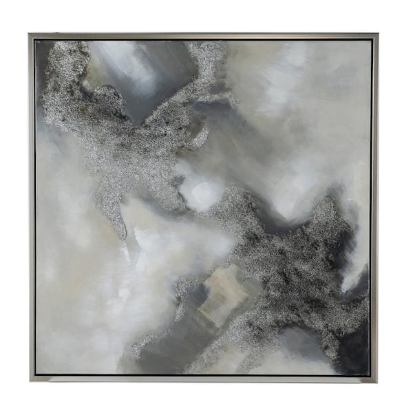 Benjara Gray and Silver Wooden Stormy Skies Framed Handpainted Wall Art