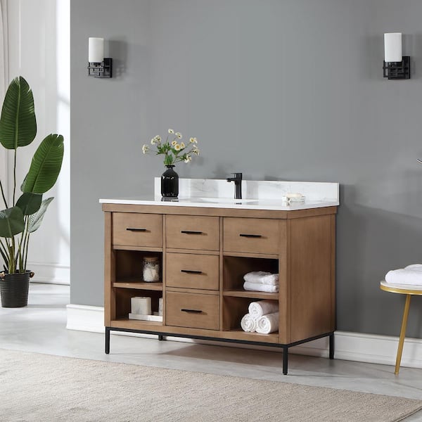 Kesia 48 in. W x 22 in.D x 34 in. H Bath Vanity in Brown Pine with Carrara White Composite Stone Top