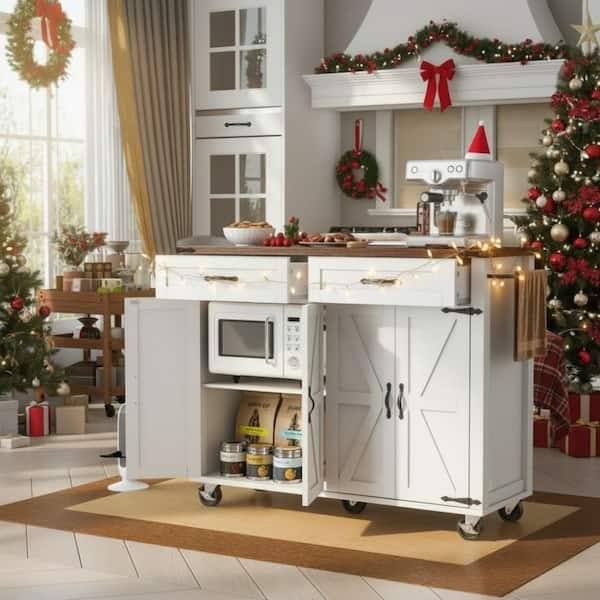 White Wood 53.5 in. W Farmhouse Rolling Kitchen Island Cart with Drop Leaf and Power Outlet