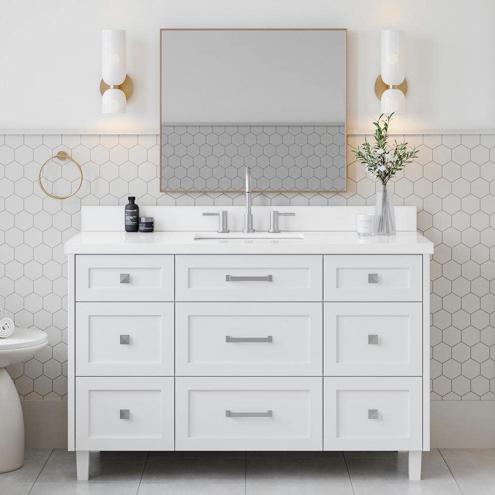 Monroe 54 in. Single Sink Freestanding Bathroom Vanity in White with Pure White Quartz Top price history on PriceWatchPro
