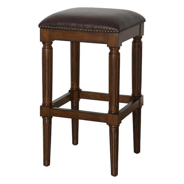 NewRidge Home Goods Manchester 27 in.H Distressed Walnut Backless Wood Square Counter Stool with Faux Leather Seat