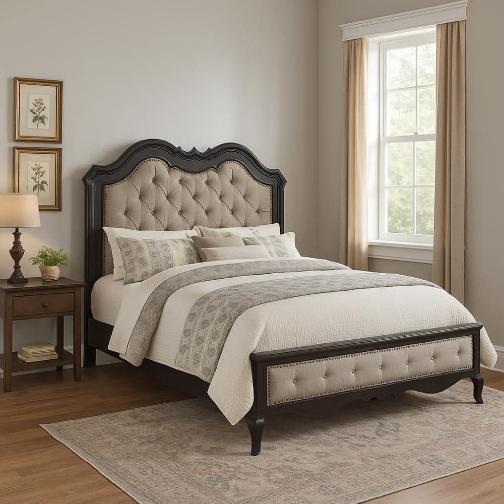 Chery Beige and Black Wood Frame King Panel Bed with Button Tufted Headboard price history on PriceWatchPro