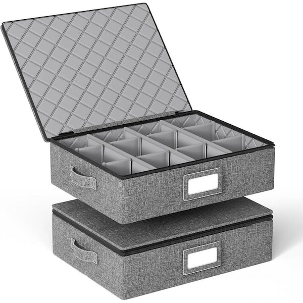 Cup and Mug Storage Box with Hard Shell and Dividers, Stackable Storage with Lid for Moving (2-Pack)