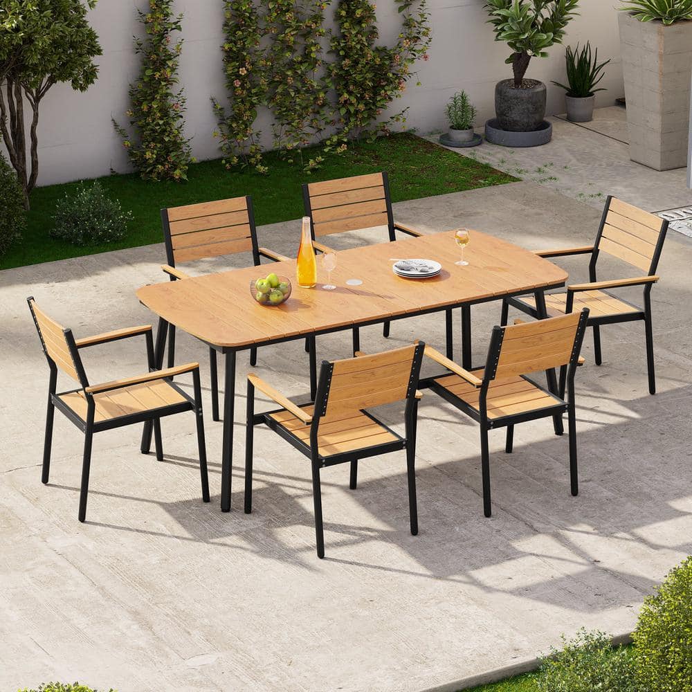 Brown 7-Piece Aluminum Rectangular 70.9 in. Table Outdoor Dining Set with Armchairs
