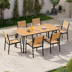 Brown 7-Piece Aluminum Rectangular 70.9 in. Table Outdoor Dining Set with Armchairs