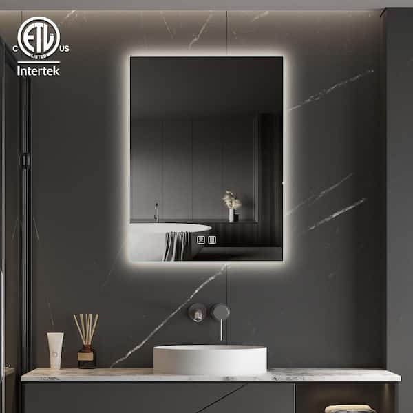 HOMLUX 24 in. W x 30 in. H Rectangular Frameless LED Light with 3-Color and Anti-Fog Wall Mounted Bathroom Vanity Mirror