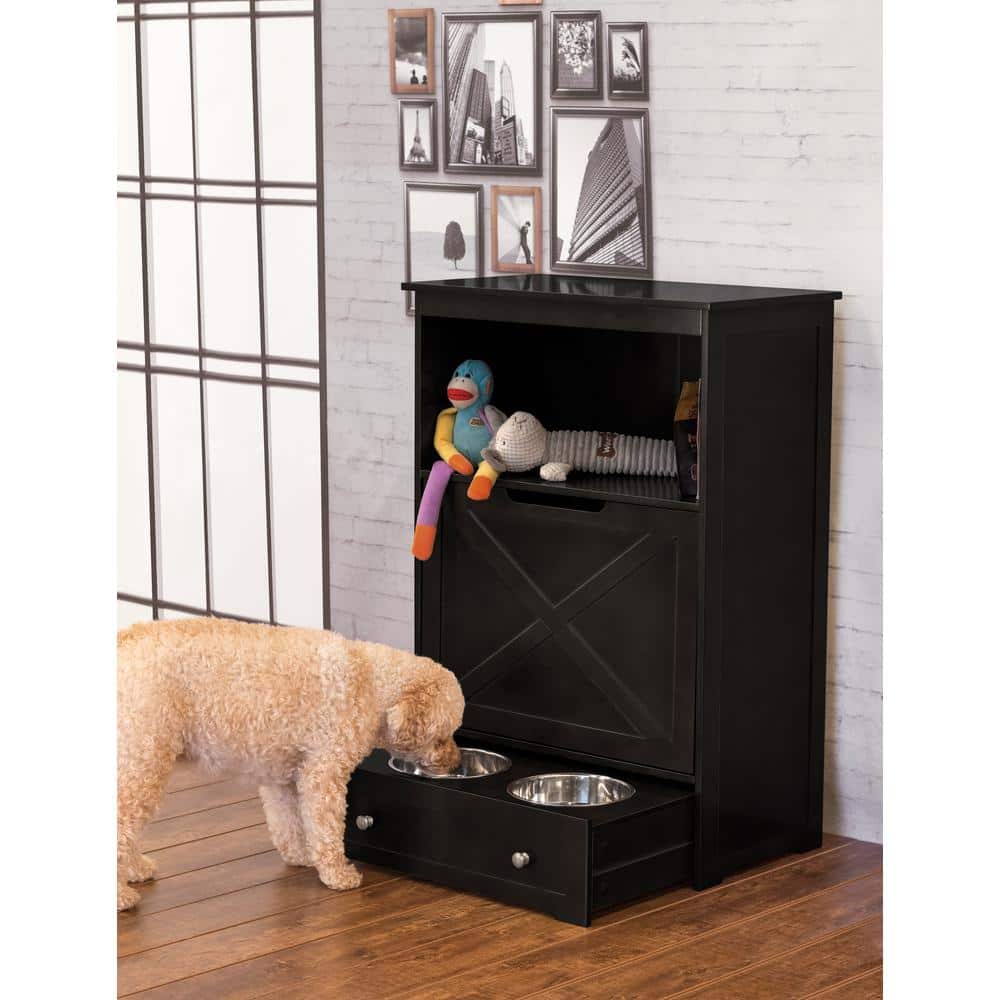 Elevated Black Stainless Steel Pet Feeder with Storage