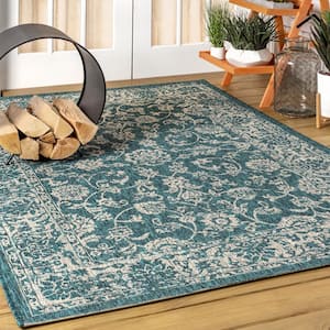 Tela Bohemian Teal/Gray 7 ft. 9 in. x 10 ft. Textured Weave Floral Indoor/Outdoor Area Rug