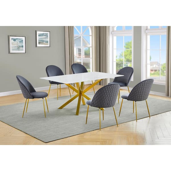 Best Quality Furniture Riley 7-Piece White Marble Wrap Glass Top Cross Leg Base Dining Set with 6-Dark Grey Velvet Chairs