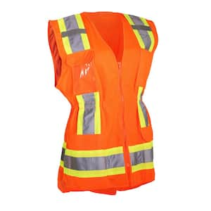 Women's Medium Hi Vis Orange 2-Tone ANSI Type R Class 2 Contoured Surveyor's Safety Vest with Mesh Back and (11-Pockets)