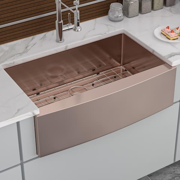 30 in. Farmhouse Single Bowl 16-Gauge Rose Gold Stainless Steel Kitchen Sink with Bottom Grids