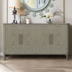 60 in. W x 15.7 in. D x 33 in. H Antique Gray Linen Cabinet Sideboard With 4 Doors for Living Room Entryway