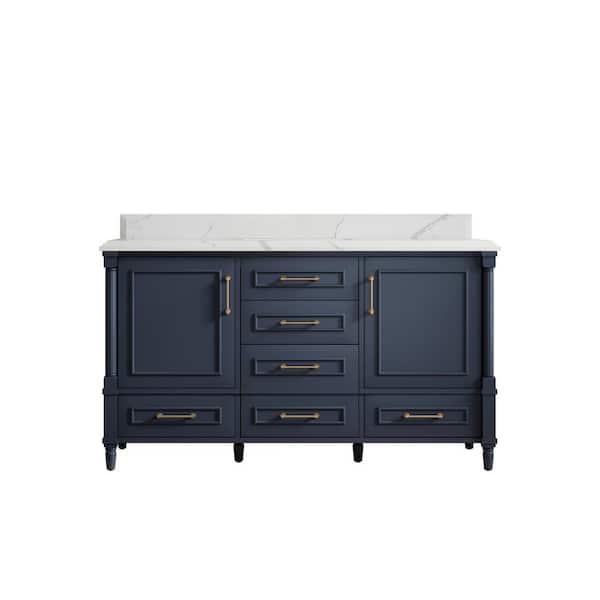 Willow Collections Hudson 60 in. W x 22 in. D x 36 in. H Single Sink Bath Vanity in Navy Blue with Cove Edge Calacatta Quartz Top