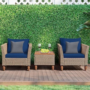 Brown 3-Piece Wicker Patio Conversation Set Outdoor Rattan Sofa Set with Navy Cushions