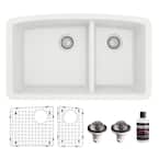 QU-711 Quartz/Granite 32 in. Double Bowl 60/40 Undermount Kitchen Sink in White with Bottom Grid and Strainer