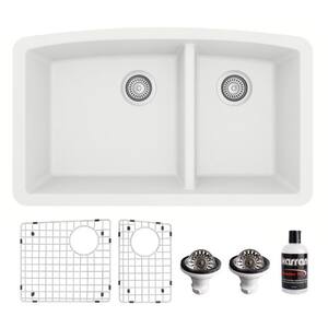 QU-711 Quartz/Granite 32 in. Double Bowl 60/40 Undermount Kitchen Sink in White with Bottom Grid and Strainer