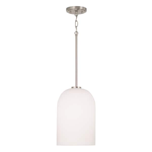 Lawson 8.75 in. W x 13.5 in. H 1-Light Pendant in Brushed Nickel with Soft White Glass