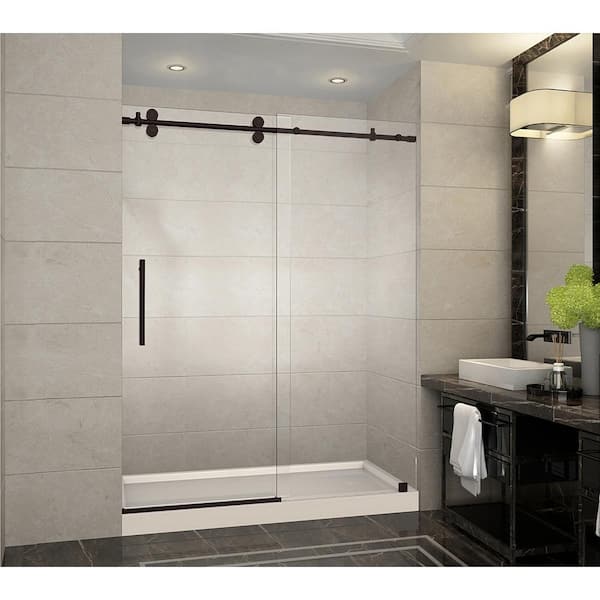 Aston Langham 60 in. x 32 in. x 77.5 in. Frameless Sliding Shower Door in Bronze, Right Drain