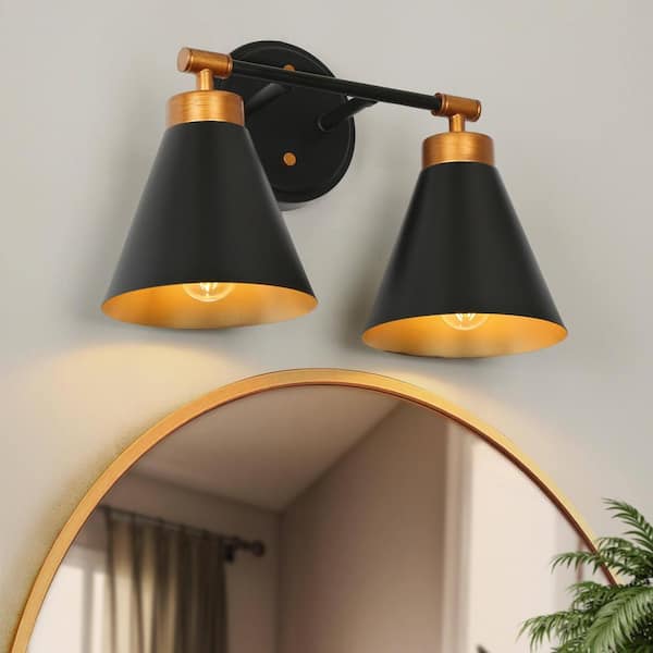 Uolfin 14.2 in. 2-Light Black and Antique Gold Vanity Light