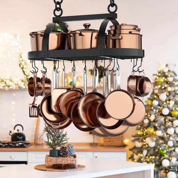 Matte Black Ceiling Oval Pot Rack for Kitchen with 20 S Hooks