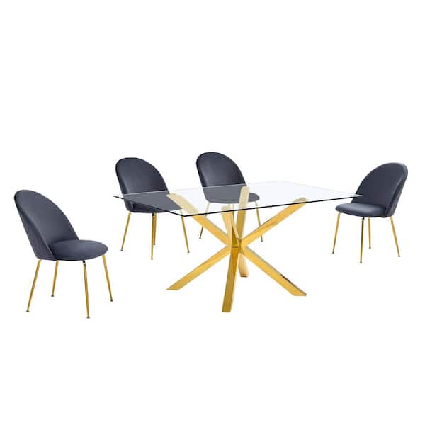 Best Quality Furniture Tom 5-Piece Rectangle Glass Top With Gold Stainless Steel Table Set, 4 Dark Grey Velvet Chair w/Nail Head Trim