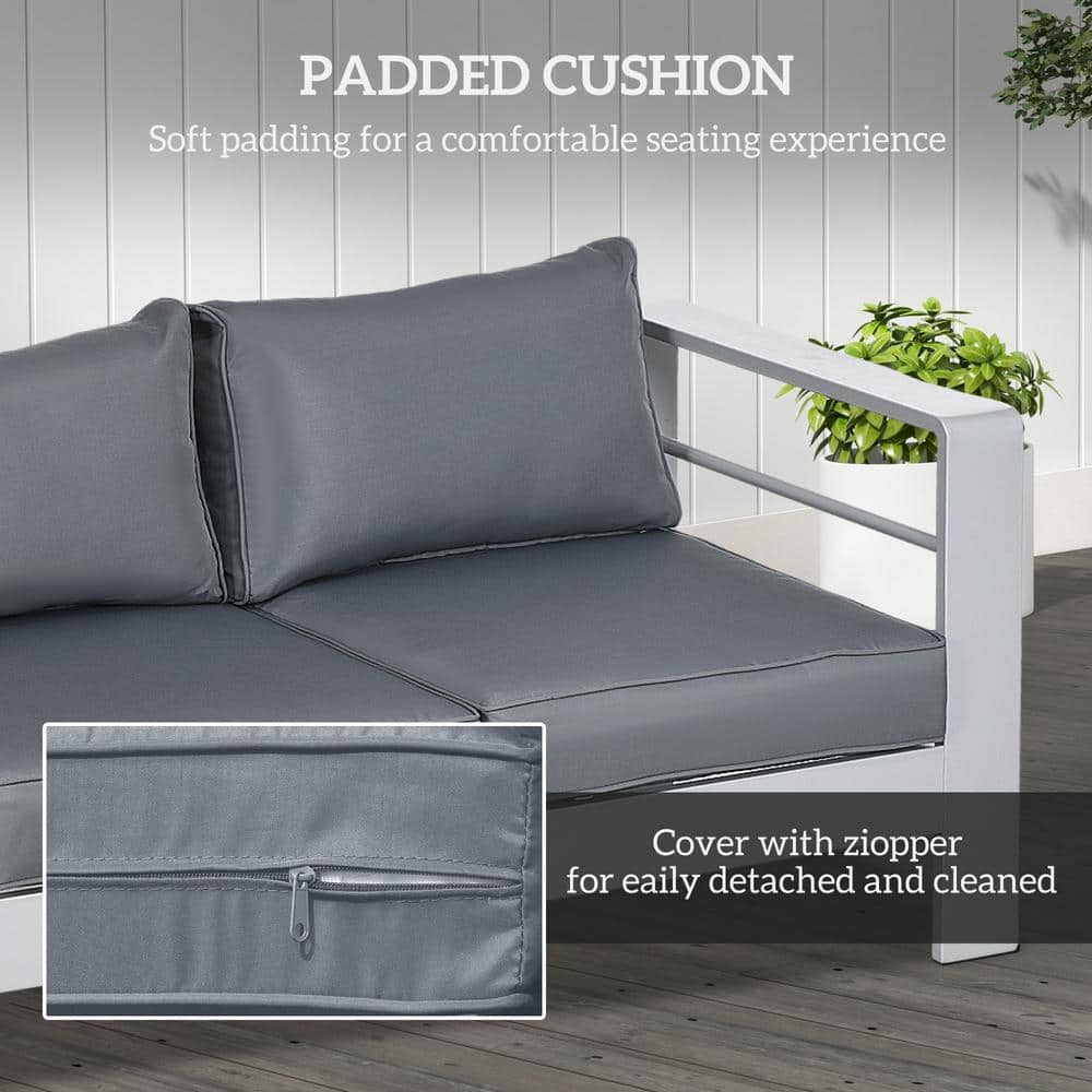Gray Aluminum Outdoor Sofa with Cushions and Wide Armrests
