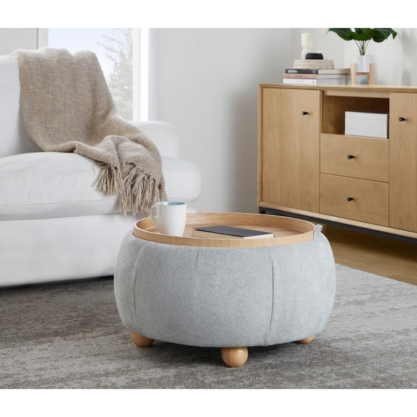 Lumisource Tray Pouf Light Grey Fabric and Natural Wood Storage