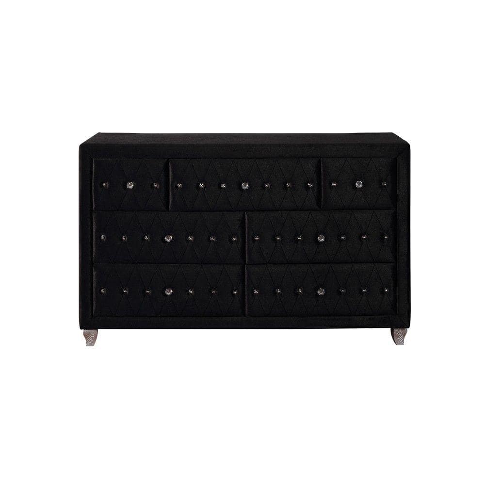 Black Velvet Upholstered Dresser with Crystal Tufted Drawers