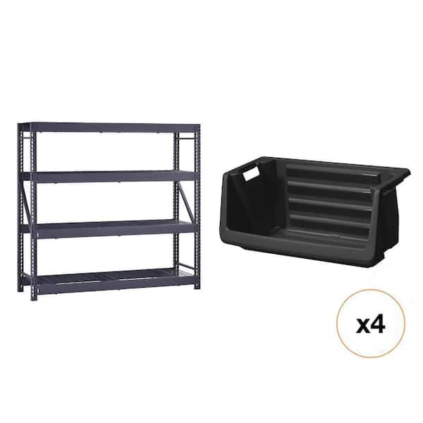 77 in. W 4-Shelf Black Metal Shelving Unit, 55 Gal. Stackable Storage Bin (4-Count) Combo