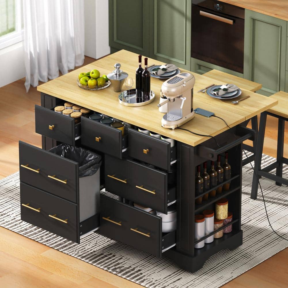 Black Wood 51.2 in. Rolling Kitchen Island with Drop Leaf, Power Outlet, 5 Wheels, 6 Drawers, Trash Can Storage price history on PriceWatchPro