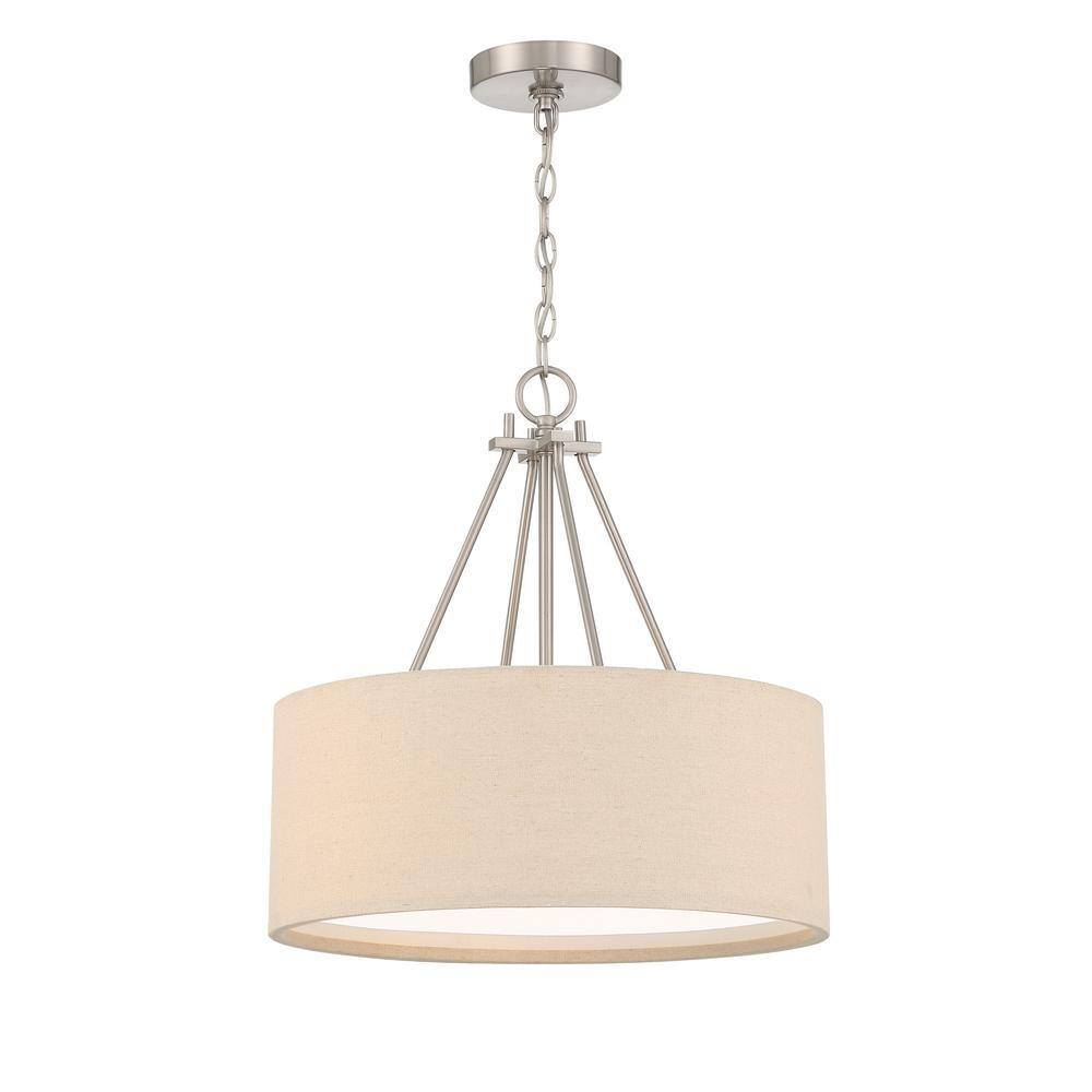 Brushed Nickel 3-Light Pendant with Beige Fabric Shade