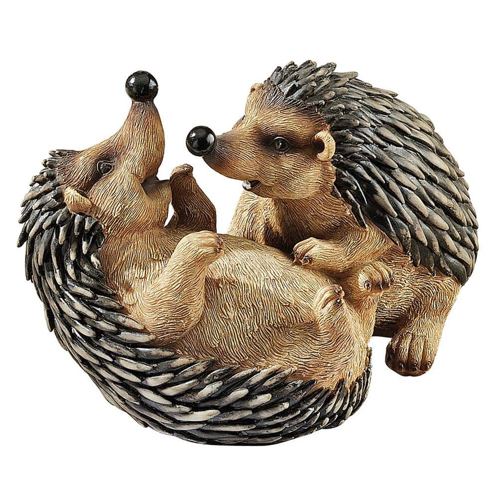 Playful Hedgehog Pair Resin Garden Statue in Natural Hues