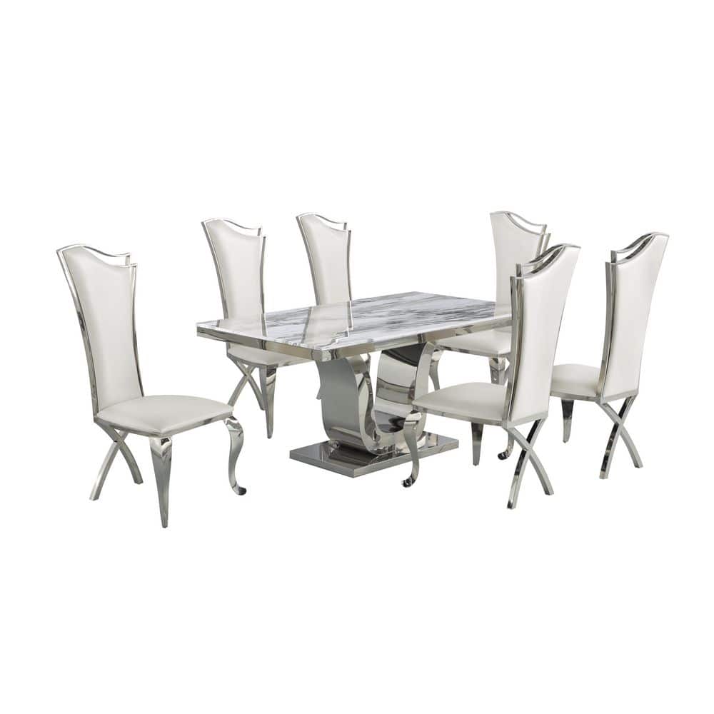 White Marble 7-Piece Dining Set with Silver Stainless Steel Base and Faux Leather Chairs