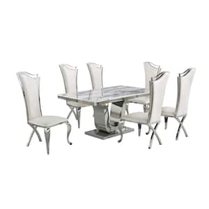 Ada 7-Piece White Marble Top with Stainless Steel Base Table Set with 6-Long Back White Faux Leather Chairs